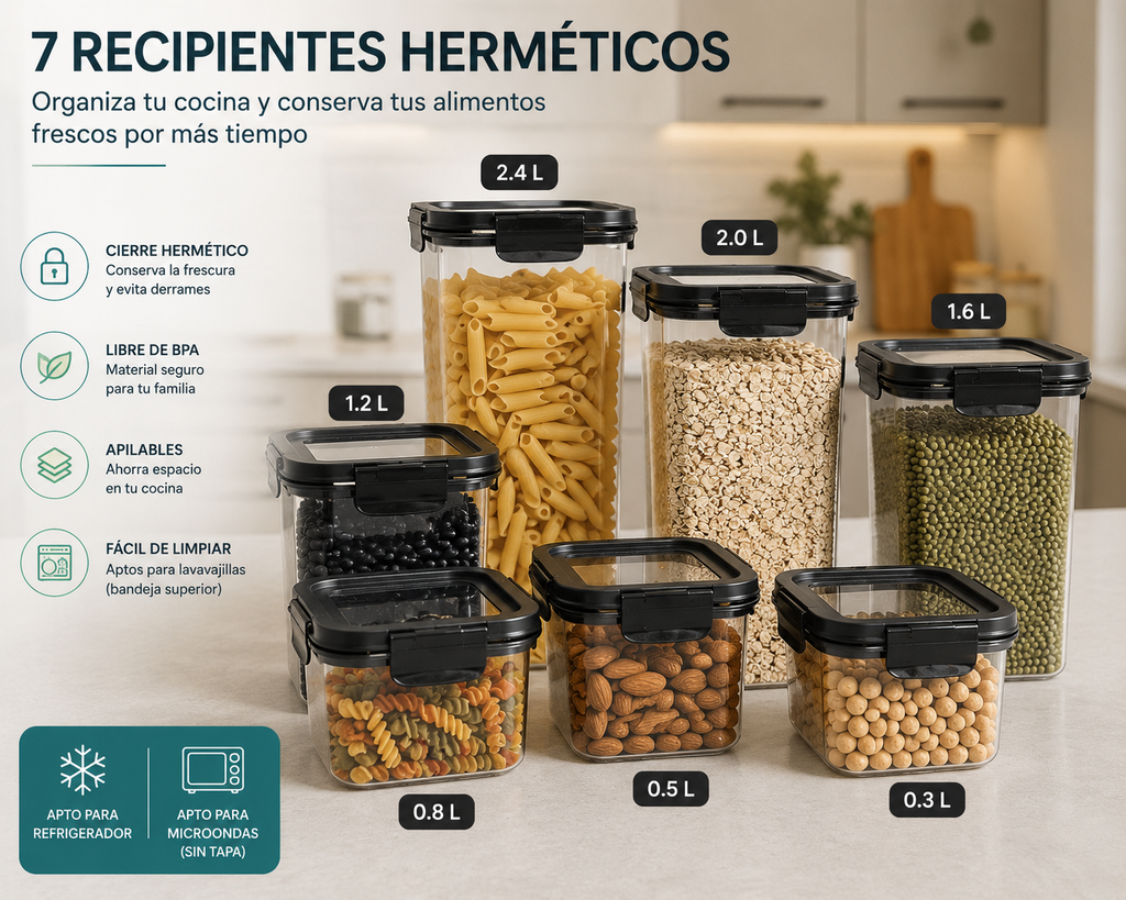Set Premium de 7 Envases Herméticos para Alimentos | Mantén tu Cocina Organizada