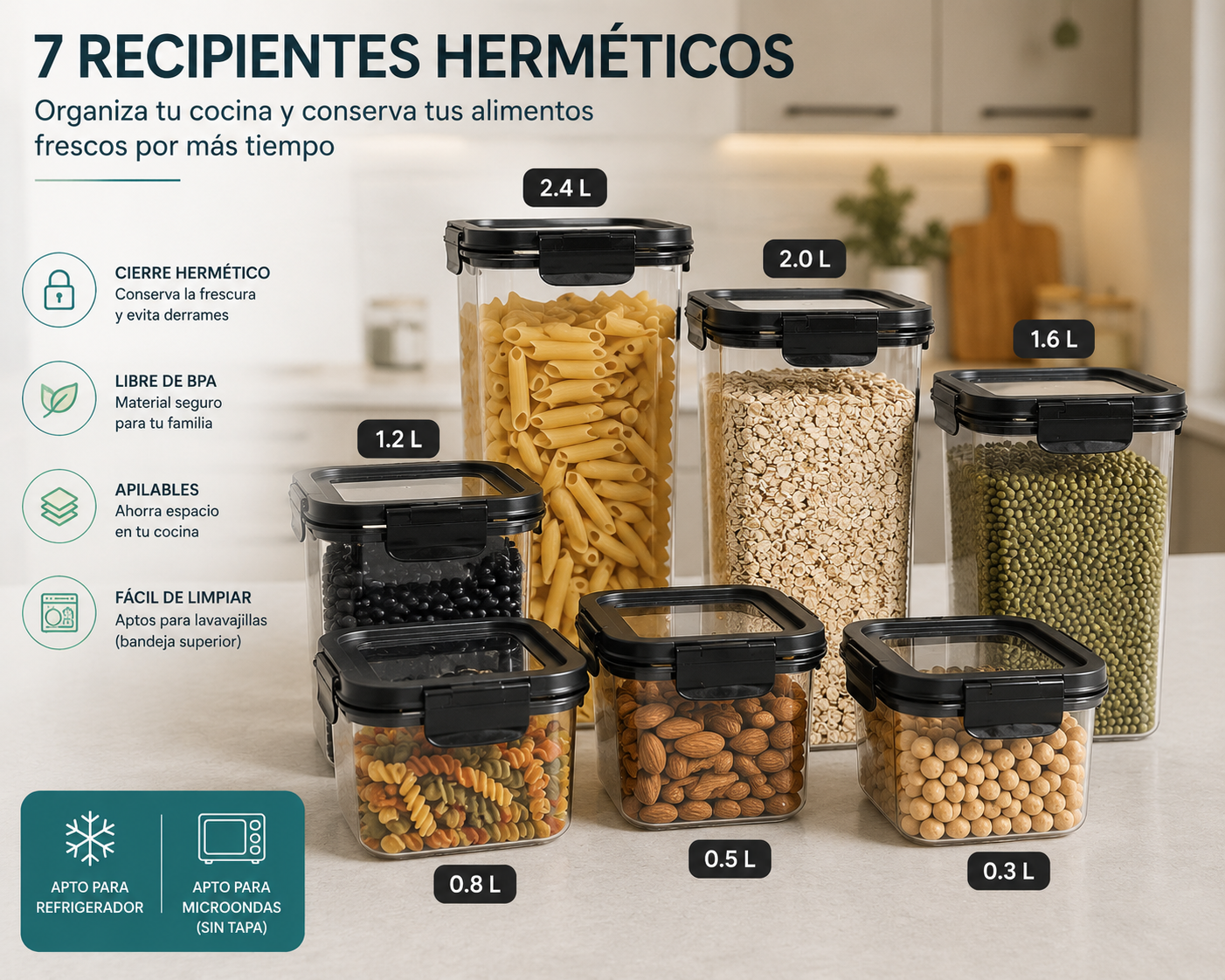 Set Premium de 7 Envases Herméticos para Alimentos | Mantén tu Cocina Organizada
