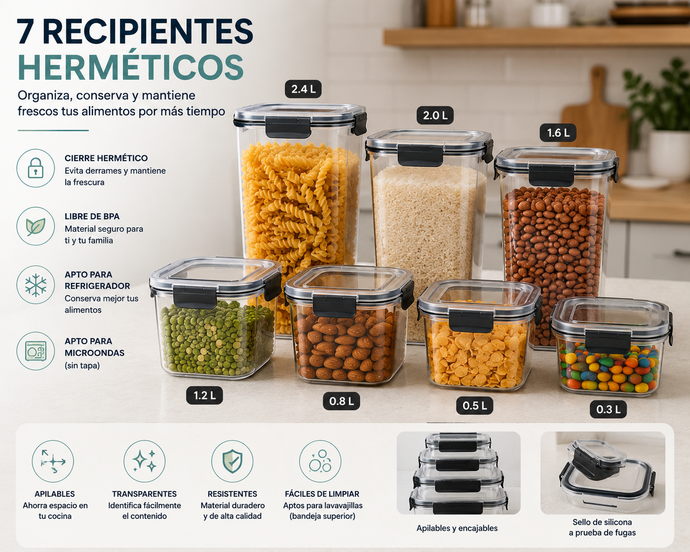 Set Premium de 7 Envases Herméticos para Alimentos | Mantén tu Cocina Organizada